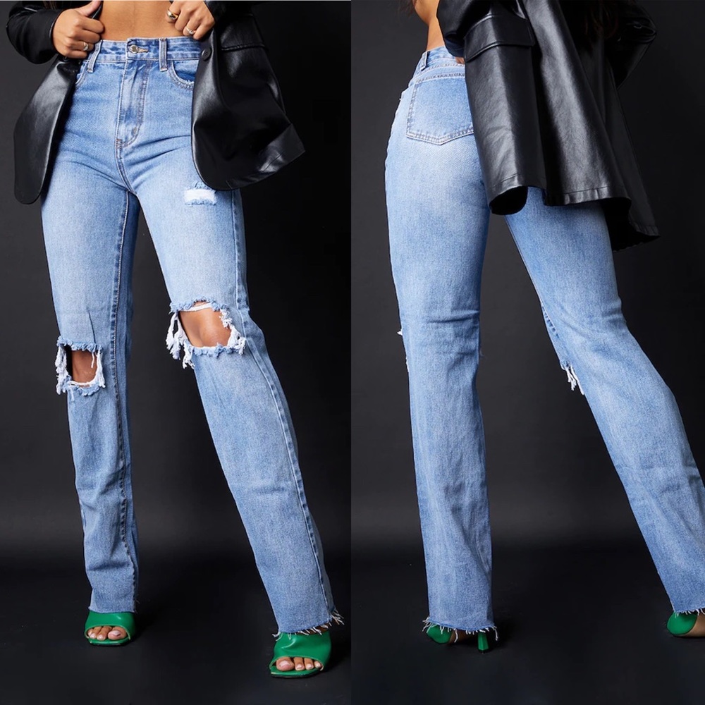 Mid Wash High Rise Distressed Straight Leg Jean